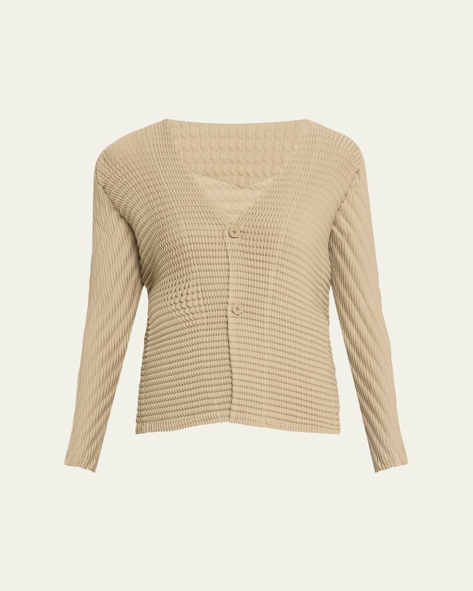 Wool Like Pleats V-Neck Cardigan